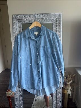 Style & Co. Light Blue Denim Button-Down Shirt with Tiny White Hearts
